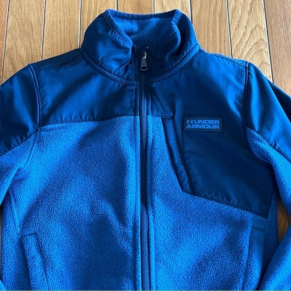 Under Armour Youth Boys Size 6 Full Zip Fleece Jacket Navy Blue Logo ColdGear